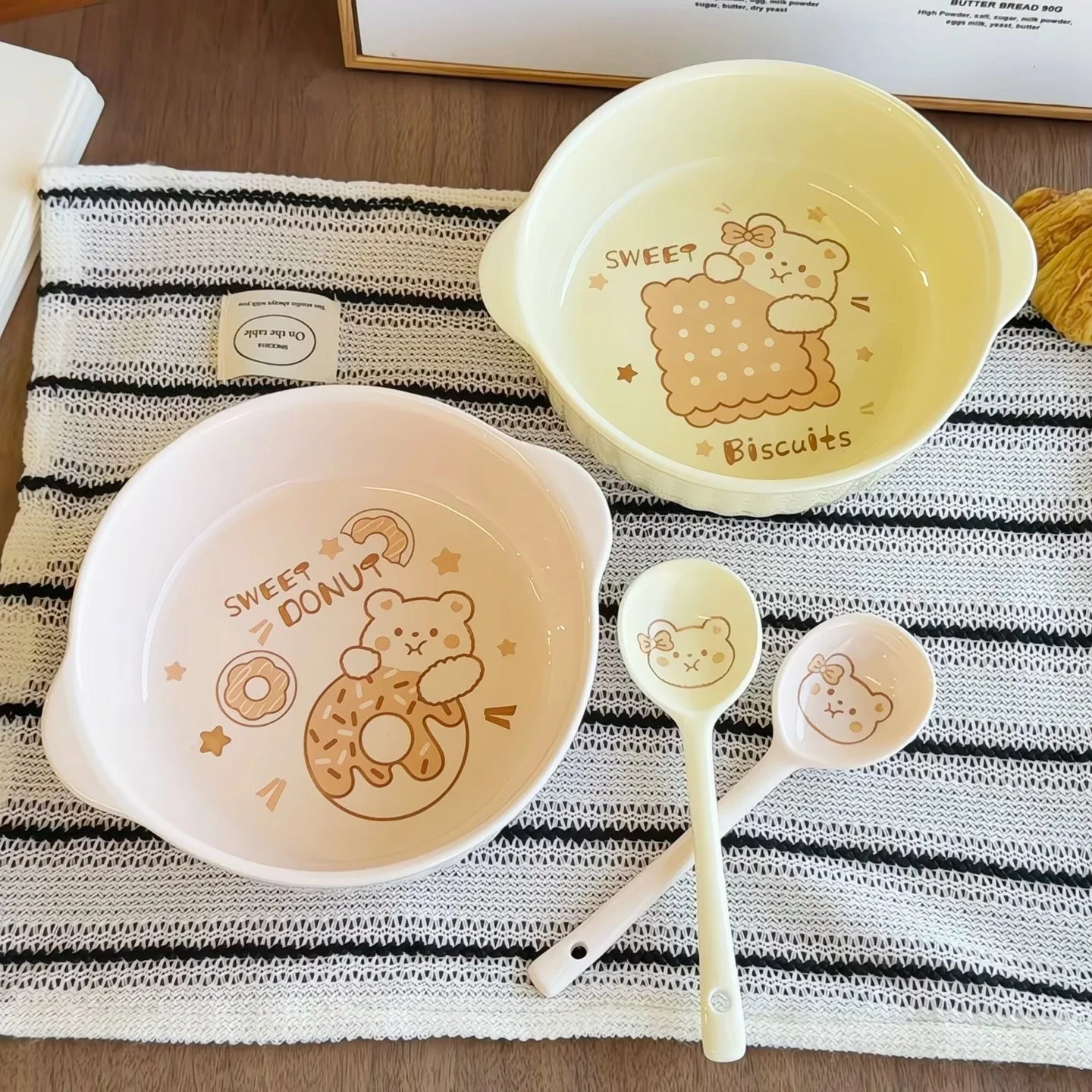 Large-Capacity Ceramic Bowl Set with Handles & Spoon for Kitchen