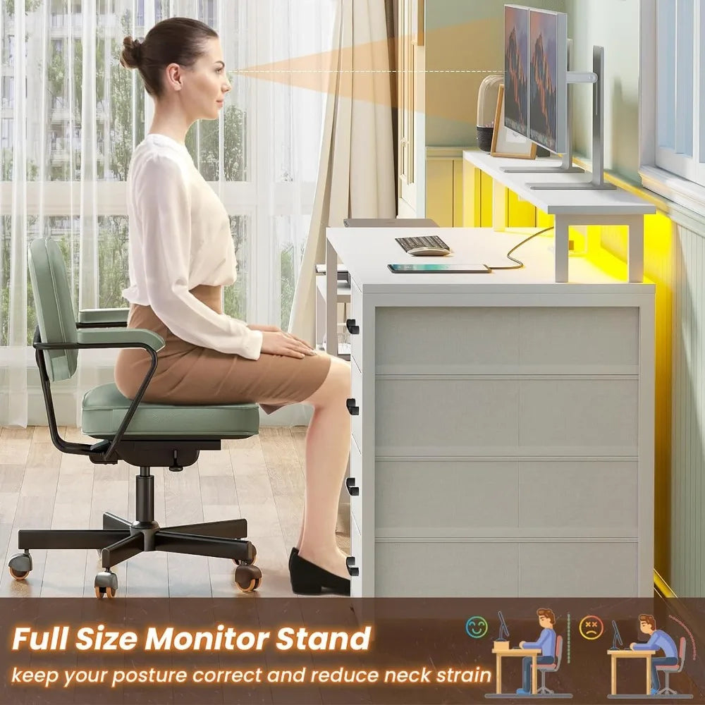 Stylish Computer Desk with 5 Drawers and Power Outlet | Home Office