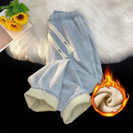 Thick Winter Men's Fleece Jeans | Warm Loose Plush Trousers