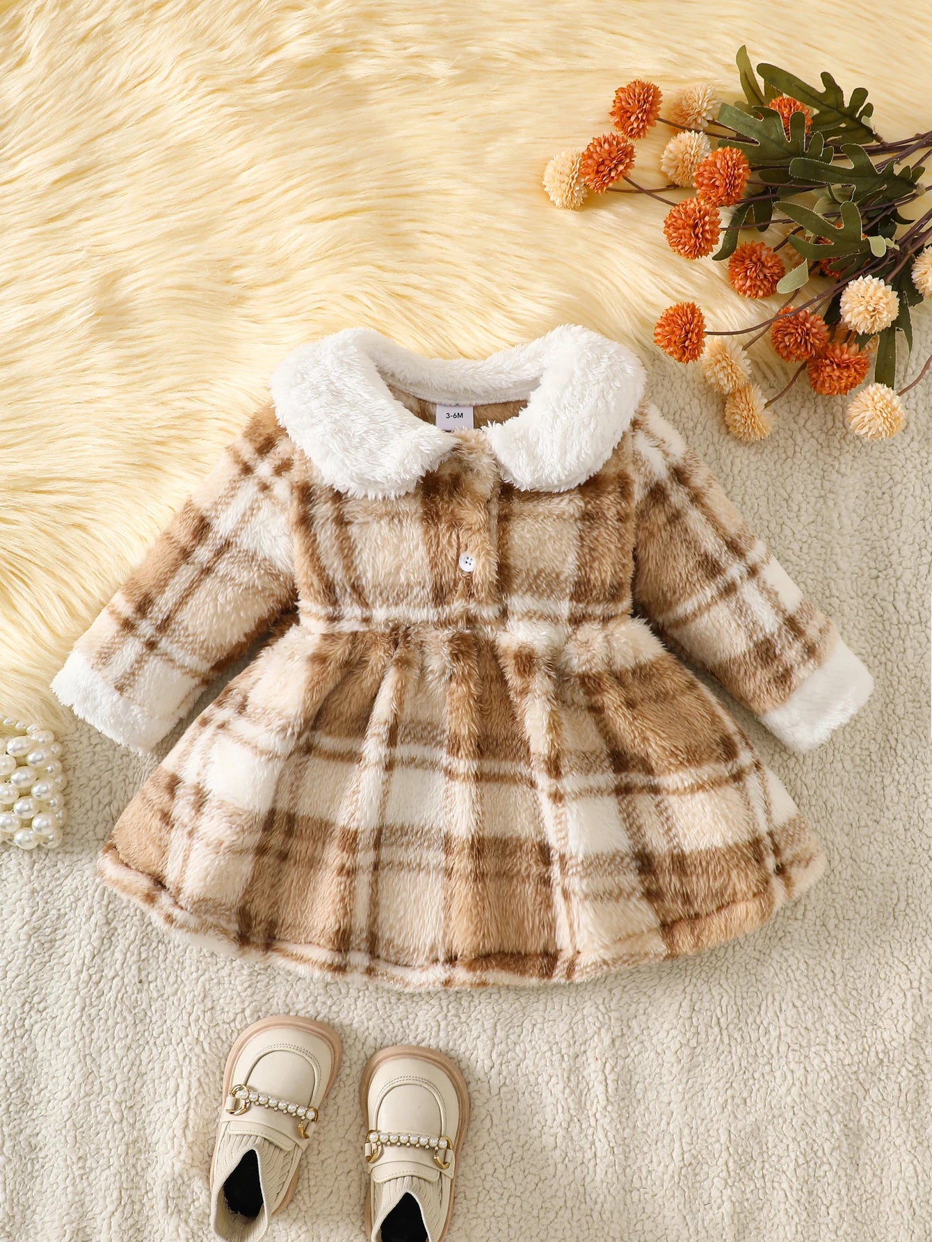 Baby Girl Plush Plaid Faux-Fur Dress | Cozy Winter Outfit
