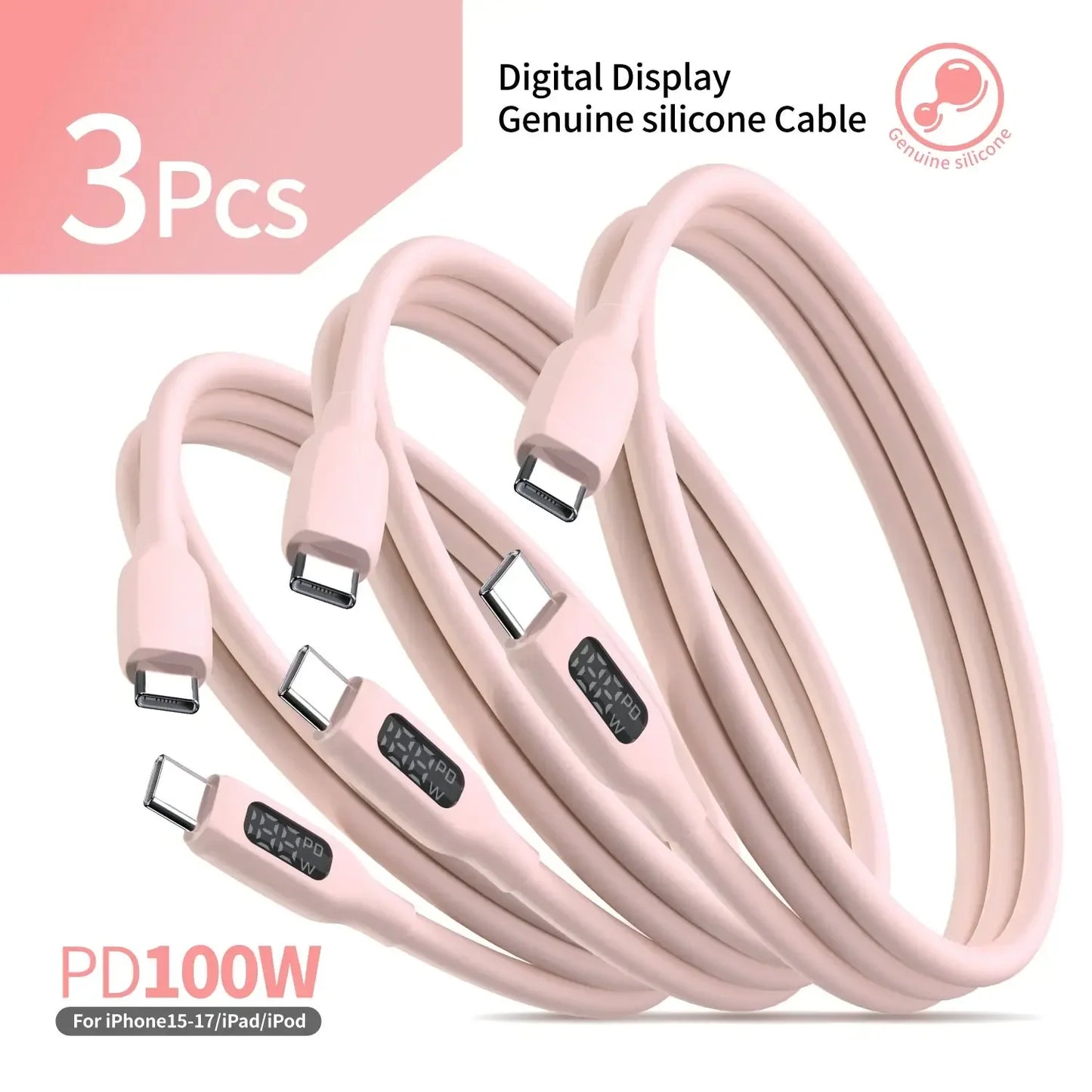 USB C Super Fast Charging Cable with Cute Pink LED Display