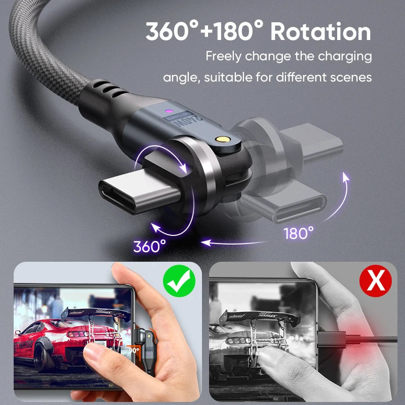 540° Rotating USB C to Type C Fast Charging Cable | 240W, Braided