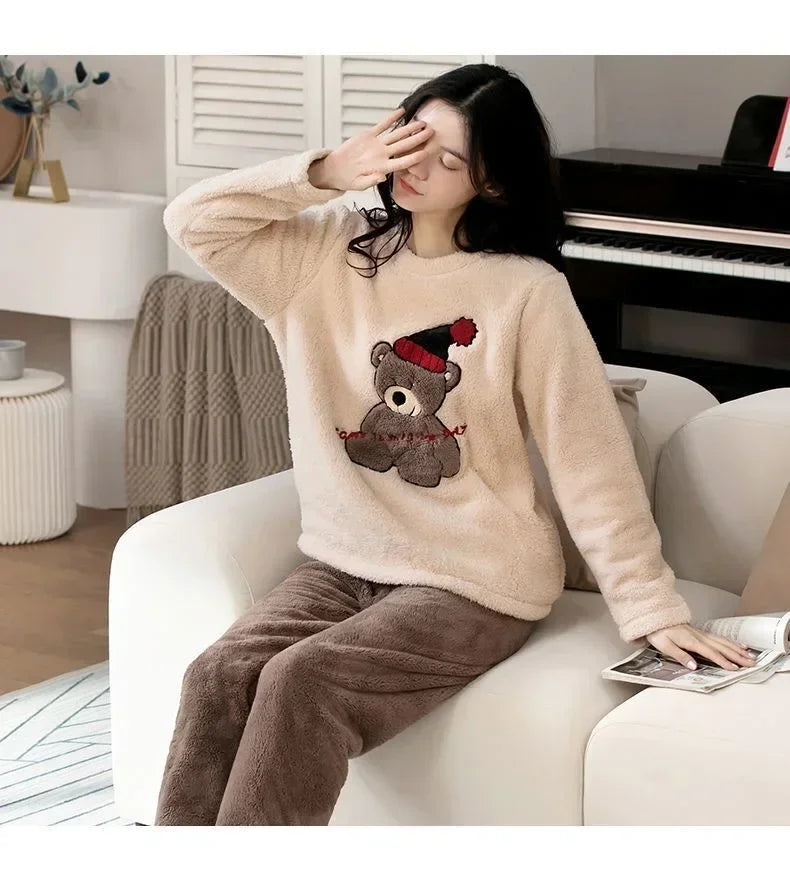 Cozy Cartoon Bear Flannel Loungewear Set for Couples