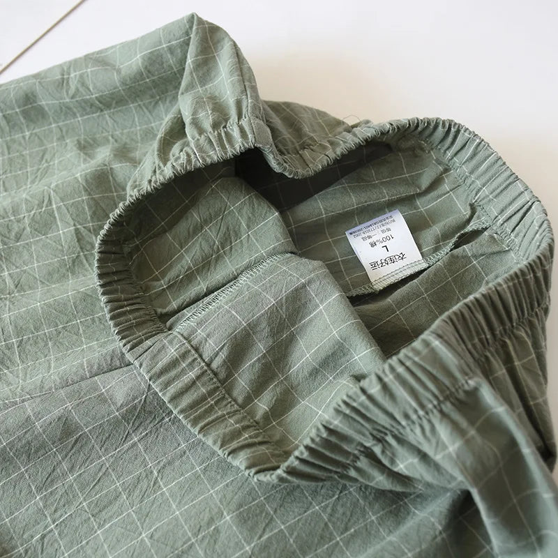 Spring Summer Japanese Pajama Sets Male 100% Cotton Spa Robe Sets Boxer High Quality Kimono Robes Men Plaid Home Hombre