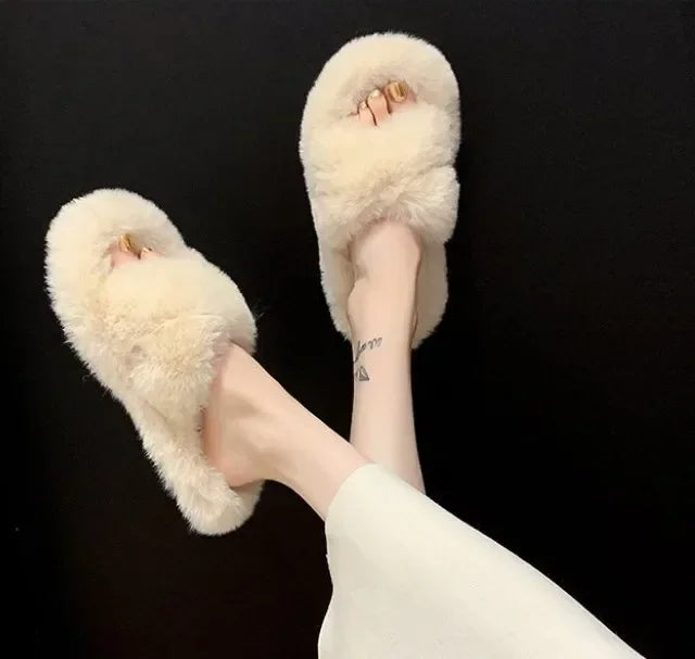 Cozy Double Fur Cross-Strap Plush Slippers | Warm Indoor Footwear