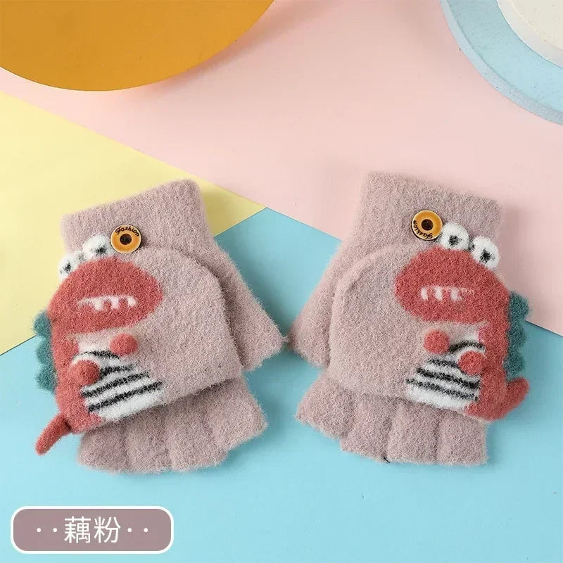 Kawaii Cartoon Dino Kids Half Finger Gloves | Winter Warmth for Fun