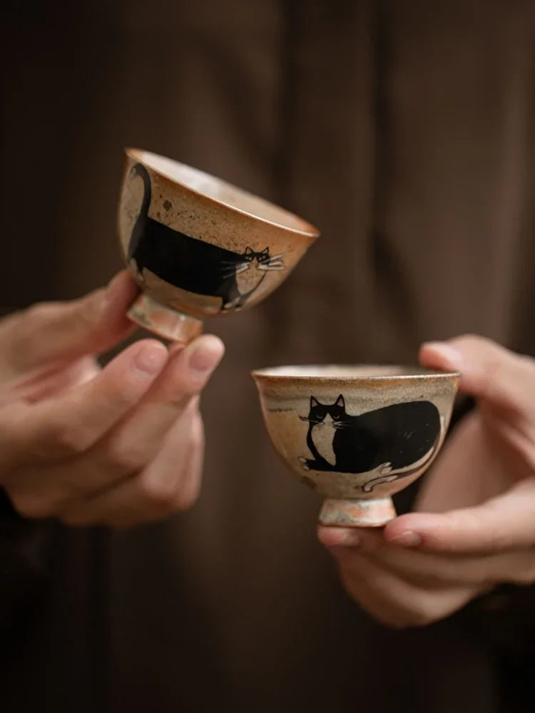 Cute Black Cat Teacup | Elegant Ceramic Tea and Sake Cups Set