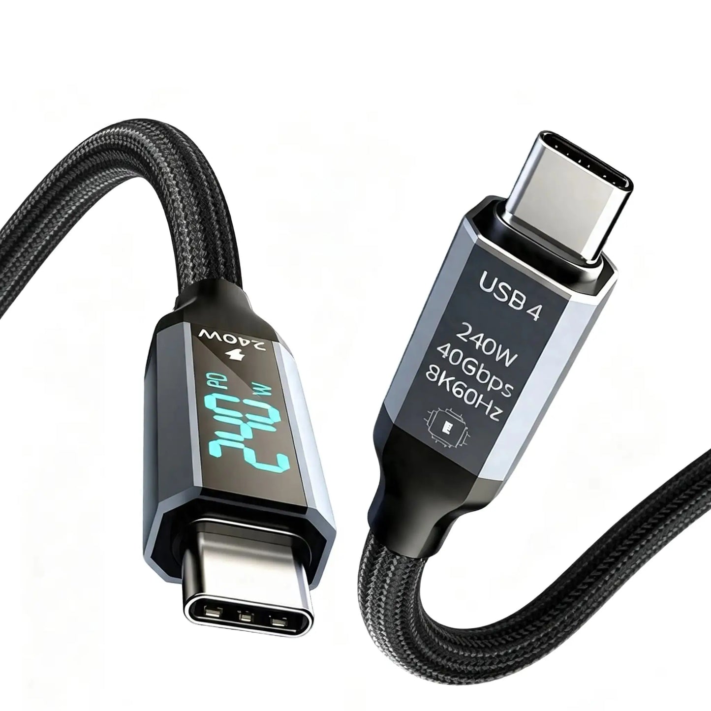 USB4 Cable with Real-Time LED Power Display 240W PD3.1 Fast Charging 40Gbps Data Transfer 8K@60Hz Video USB C to C Braided Cord