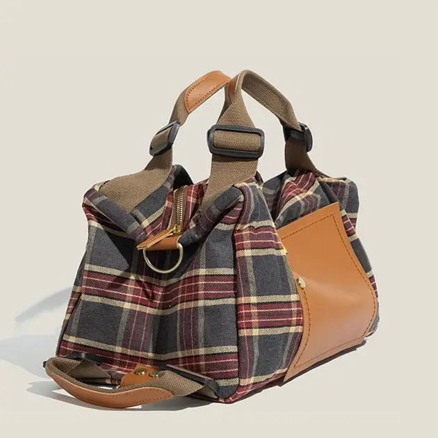 Large Capacity Burgundy Plaid Handbag | Convertible Shoulder Backpack