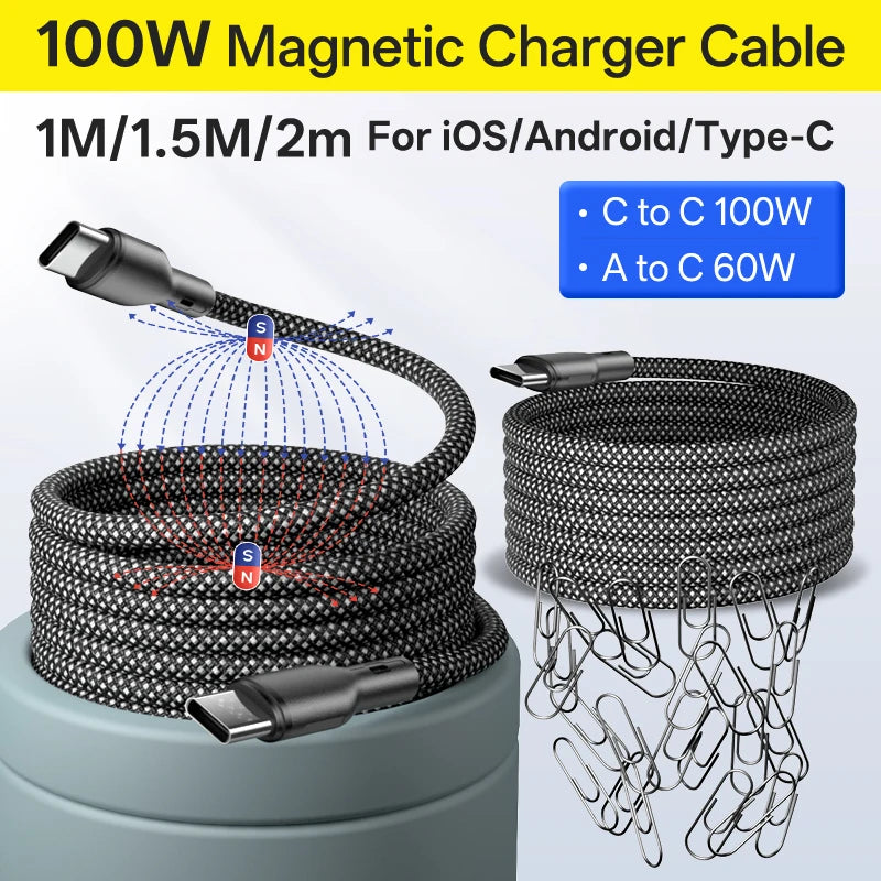 Magnetic Braided USB Type-C Car Charging Cable - 6A Data Transfer