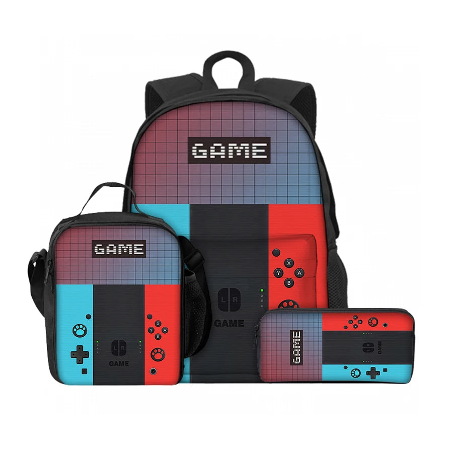3-Piece Fun Games Console Lunch Bags & Backpack Set for Kids