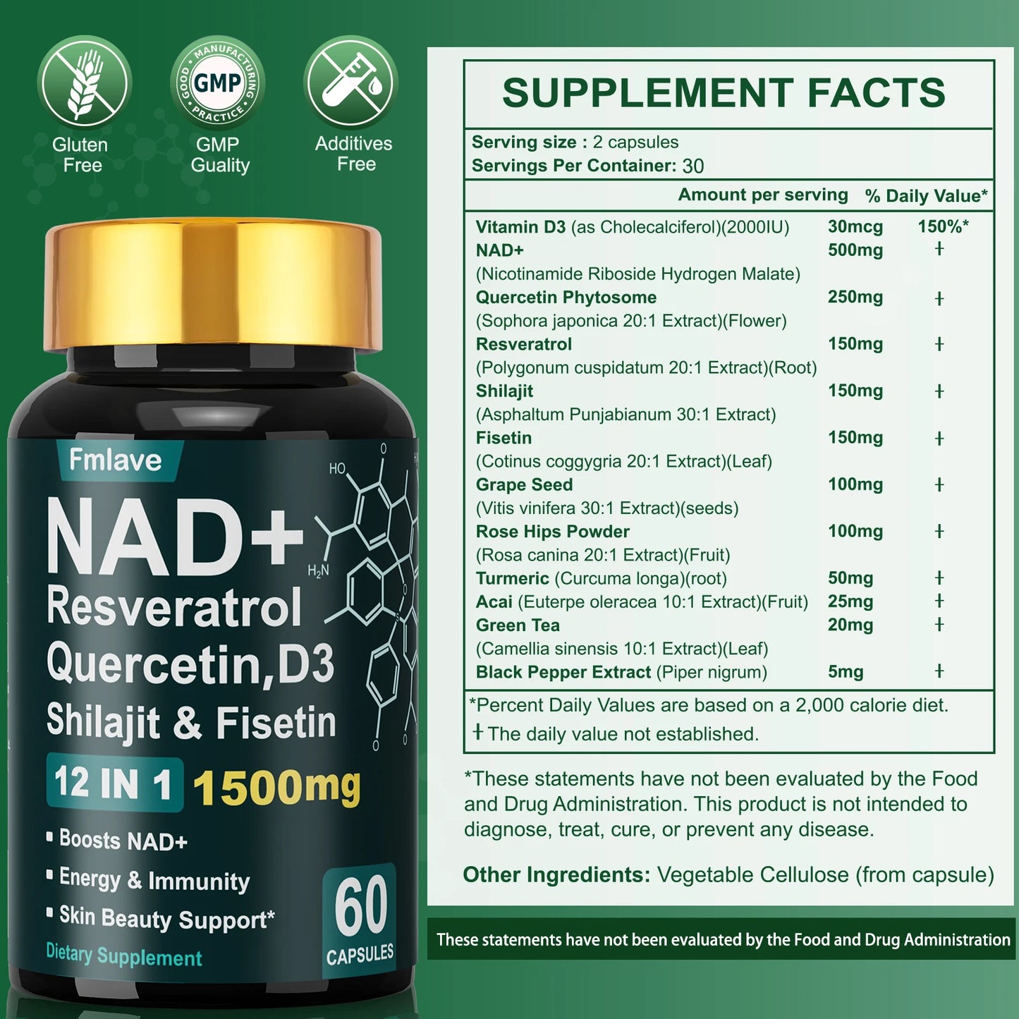 Fmlave NAD+ Resveratrol, Shilajit & Fisetin, Quercetin, D3,  – 12-in-1  Enhance Cellular Vitality and  Energy, Immunity & Skin Beauty  60 Capsules