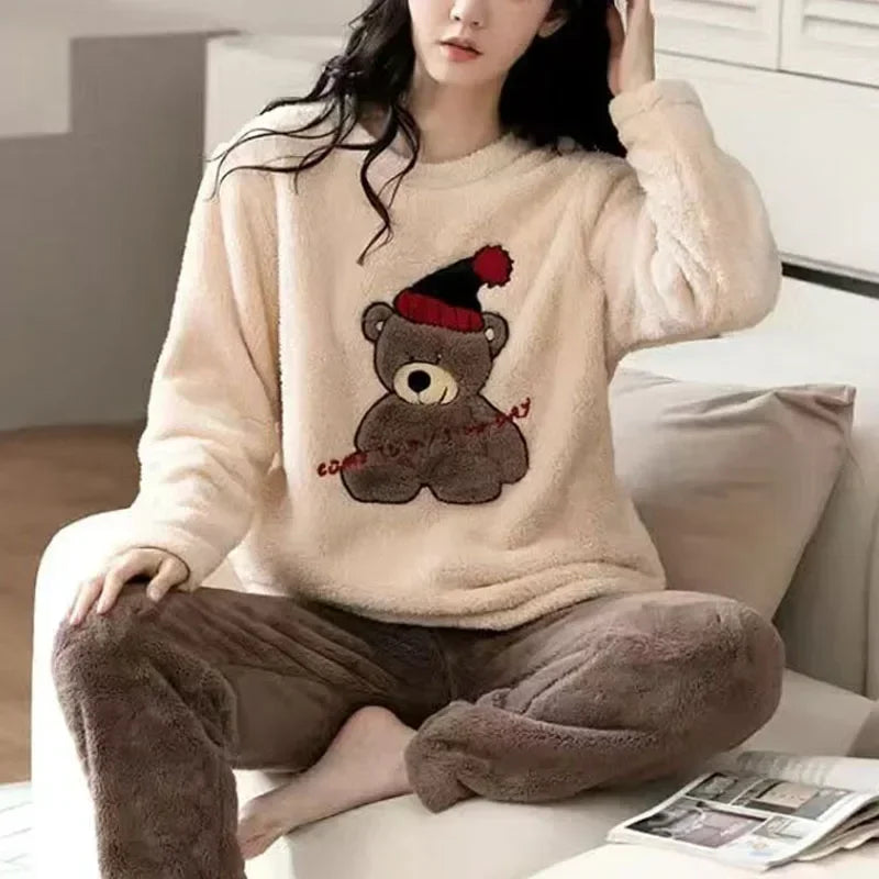 Cozy Cartoon Bear Flannel Loungewear Set for Couples