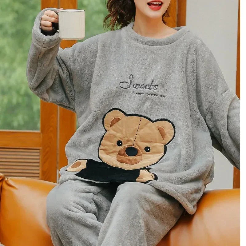 Cozy Cartoon Bear Flannel Loungewear Set for Couples