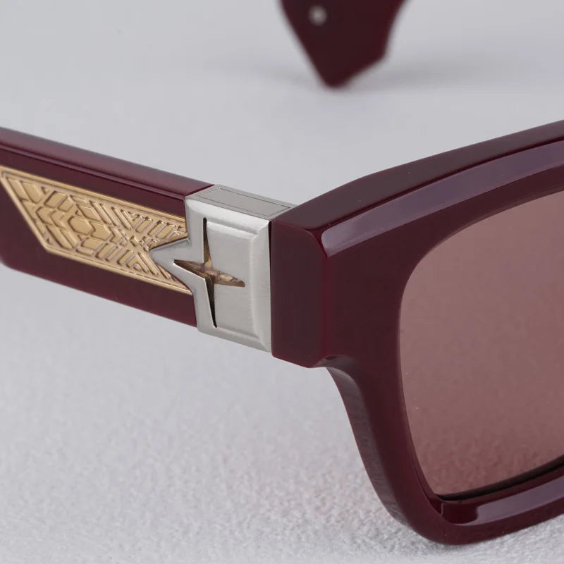 Luxurious Dark Red Thick Frame Sunglasses with Gold Details