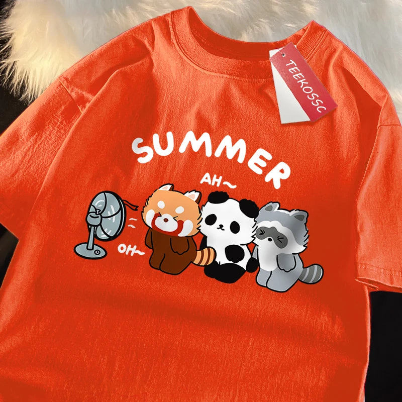 3 Raccoons Blowing Fans Print T-Shirt | Breathable Casual Wear
