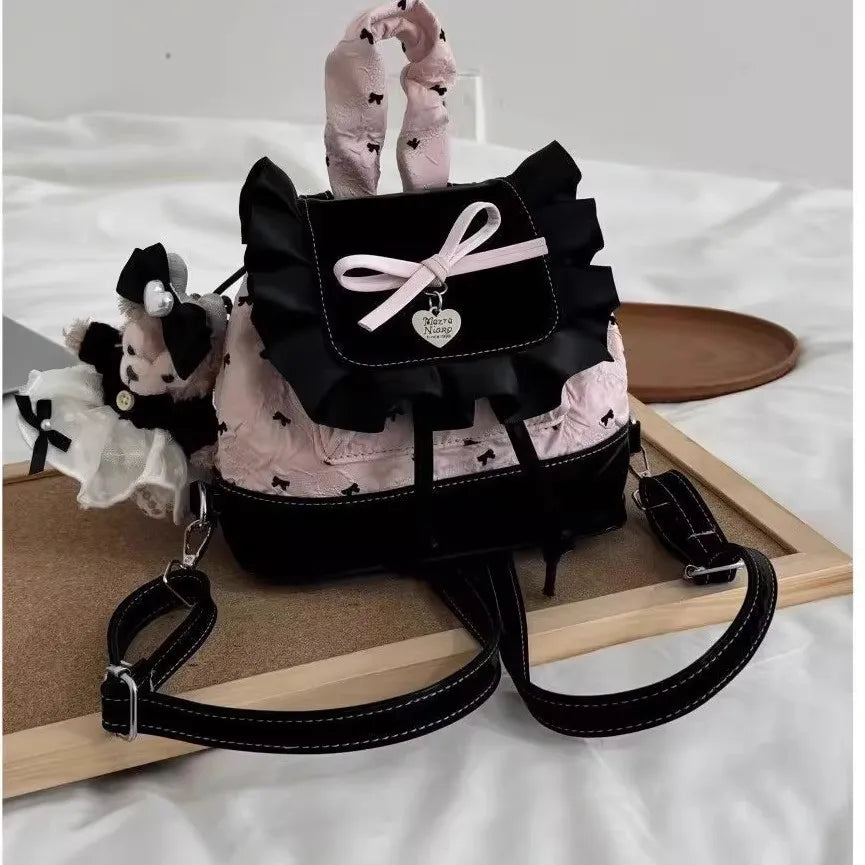Stylish Black Pink Bow Ruffled Backpack for Women & Girls