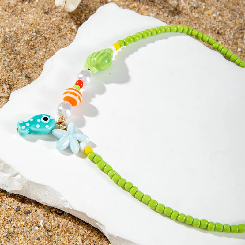 Y2K Boho Acrylic Ceramic Fish Starfish Mushroom Pendant Colorful Bead Choker Necklace For Women Beach Ocean Jewelry Accessories