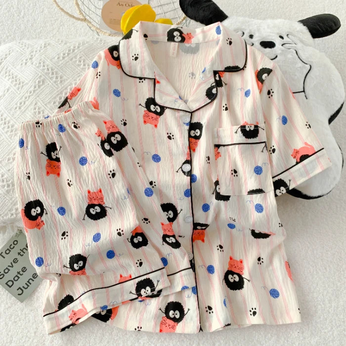 Casual Summer Women's Pajamas Set | Cute Cat & Dog Print Sleepwear