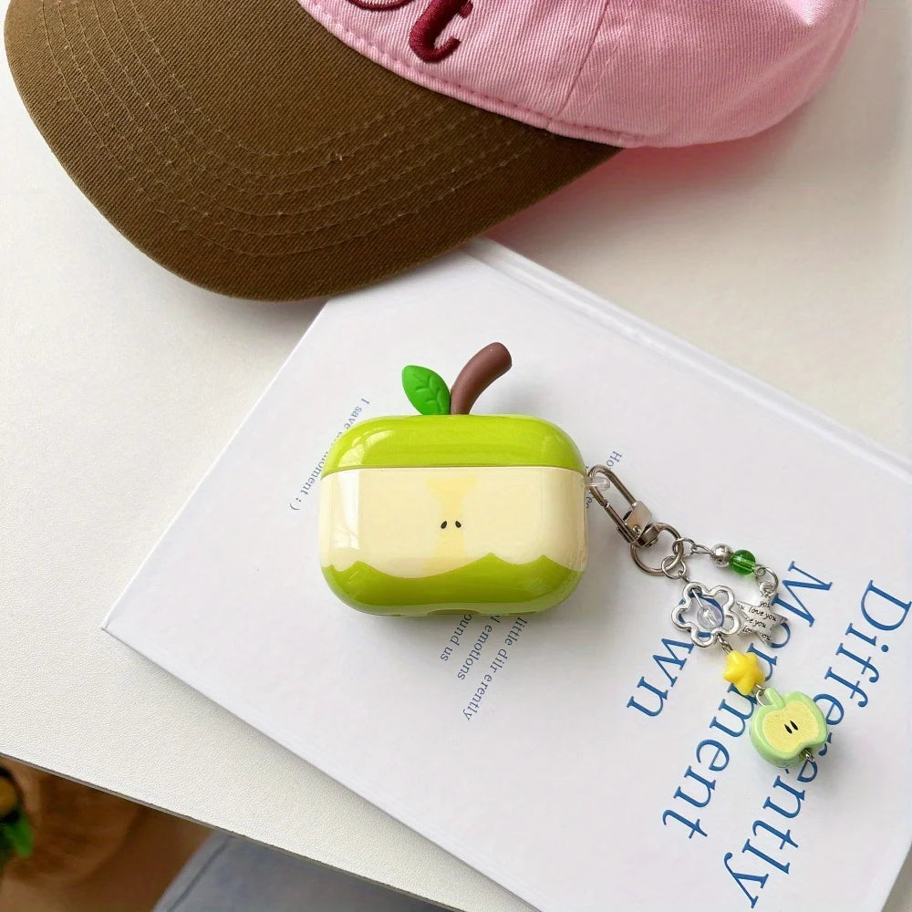 Bonita funda protectora para AirPods con forma de manzana verde en 3D | Divertida funda para auriculares