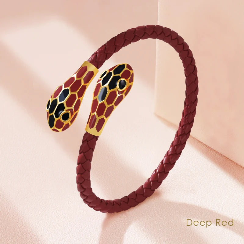 MOONLIGHT Classic Style Double Snake Head Cuff Bangles for Women Genuine Braided Leather Bracelets Female Fashion Jewelry Gifts