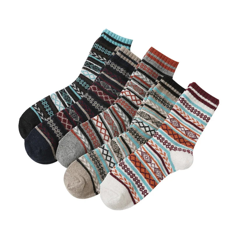 Men's Thick Cotton Mid Tube Socks | Warm Retro Ethnic Stripes