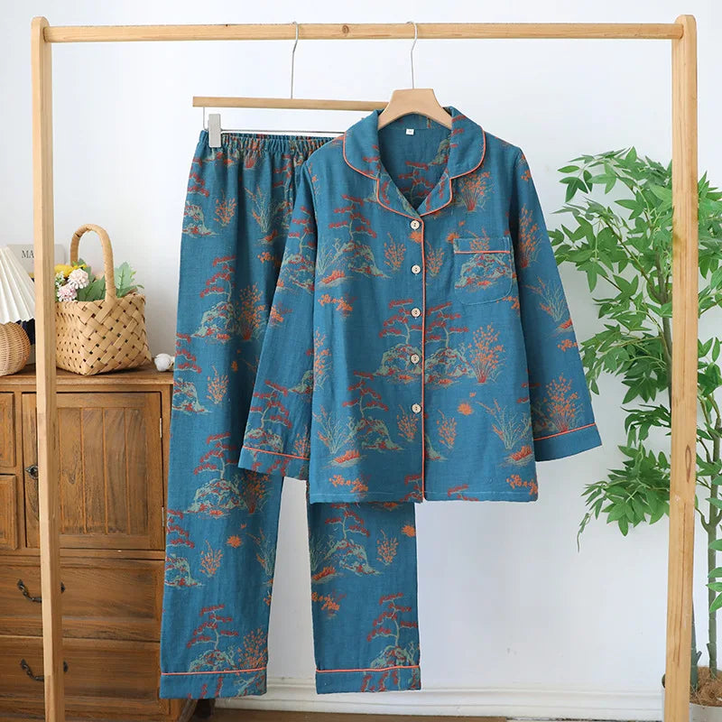 2026 Japanese Spring and Autumn New Women's Pajama Set 100% Cotton Vintage Long sleeved Pants Two Piece Set for Home Furnishings