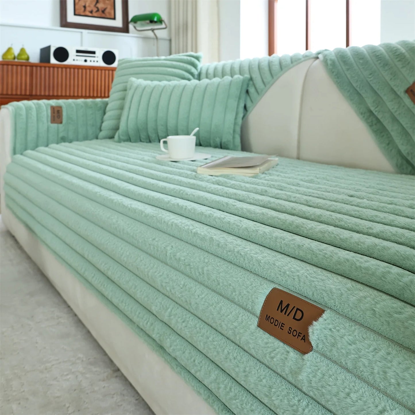 Stripe Imitation Rabbit Fur Plush Sofa Cover | Non-Slip Couch Slipcover