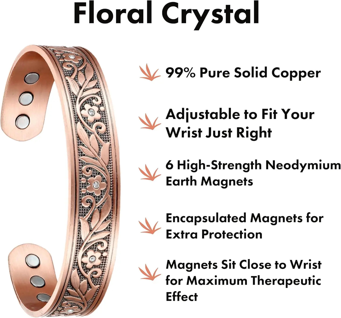 Vintage Floral Pure Copper Cuff Bracelet | Magnetic Therapy Bangle