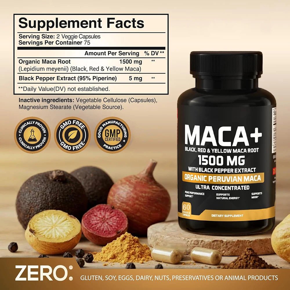 1500mg Organic Maca Root Capsules - Energy & Mood Support