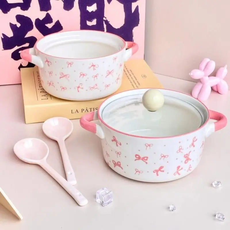 Bol de cerámica con tapa para fideos, diseño de lazo rosa | Adorable tazón para sopa