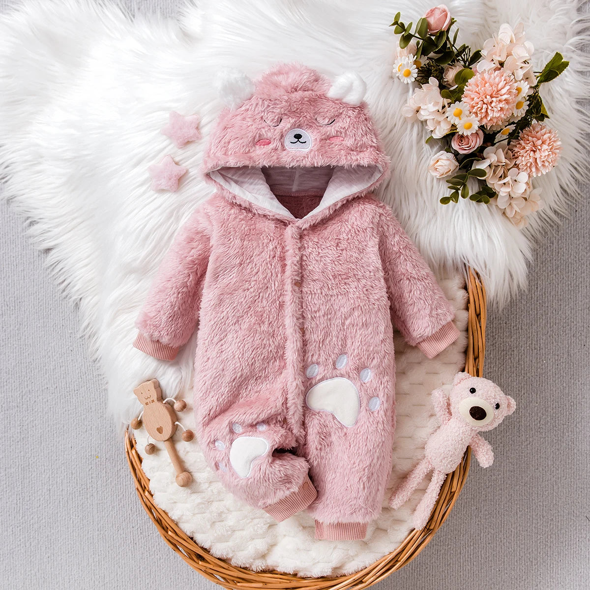 Cute Plush Hooded Jumpsuit for Baby Girls | Cozy Winter Romper