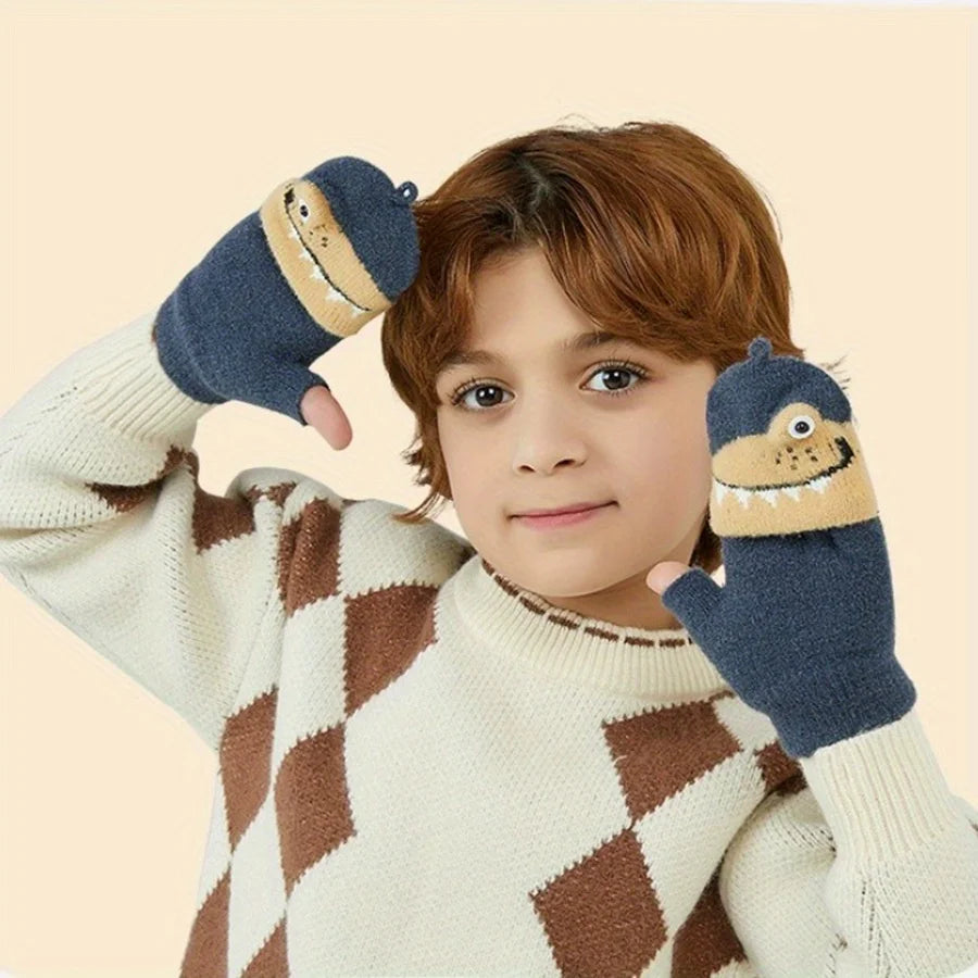Kids Knitted Alligator Writing Gloves | Warm Winter Fingerless Gloves