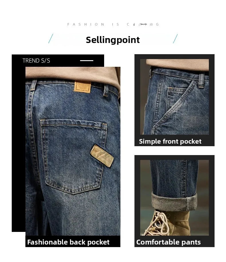 Retro American Style Men's Jeans | Loose Straight-Leg Denim Pants