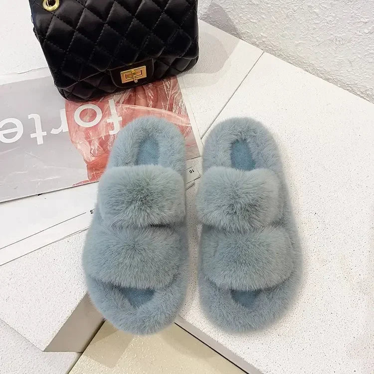 Cozy Double Fur Cross-Strap Plush Slippers | Warm Indoor Footwear