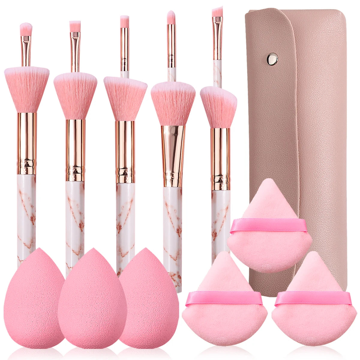 12pcs Pink Makeup Brush & Sponge Set | Marble Brushes + Super Soft Powder Puff & Triangle Puffs 2026
