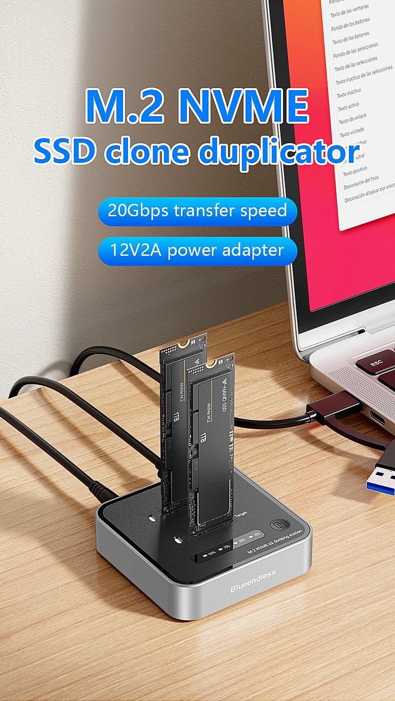 Dual-Bay M.2 NVMe SSD Cloning Dock | Fast USB 20Gbps Reader