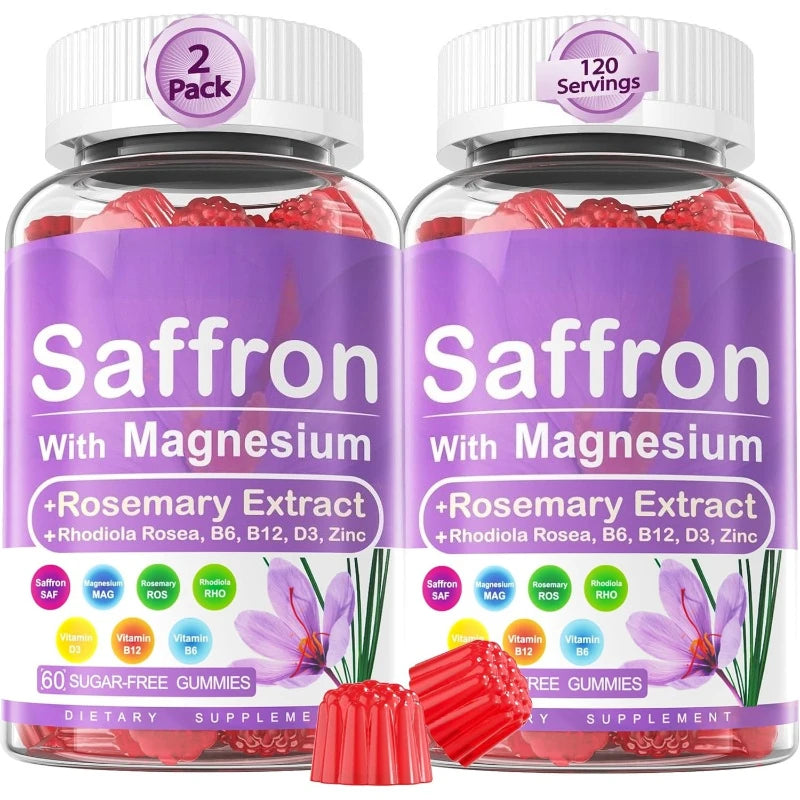 Saffron Gummies 4 Months Supply Extract 177mg Magnesium Glycinate B6 B12 D3 for Calm Rest Focus Sugar Free