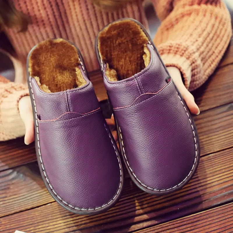 Couples Leather Plush Winter Slippers | Cozy Waterproof Shoes