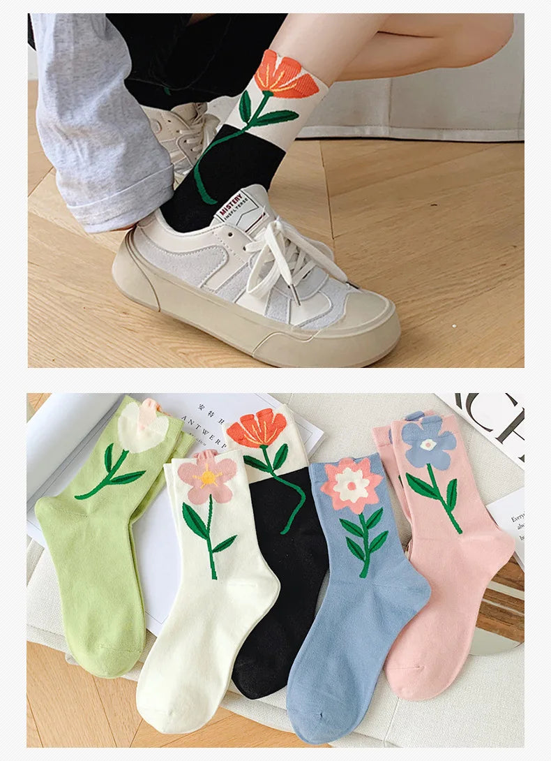 Kawaii Women's Floral Cartoon Socks | Cute Mid Tube Cotton Socks
