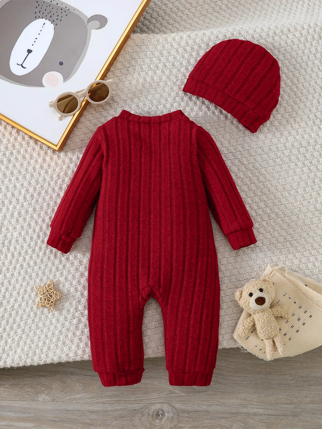 Adorable Baby Boy Red Onesie & Hat Set | Cozy Winter Outfit