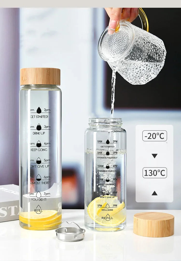 Large Capacity Glass Water Bottle with Time Marker | 1000ml