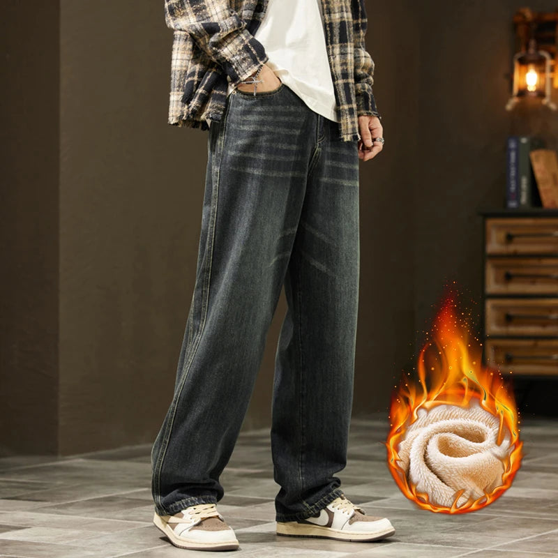Winter Fleece Thick Cotton Jeans — Warm Korean Velvet Loose Wide Pants for Men, Elastic Waist Plush Tapered Outdoor Trousers