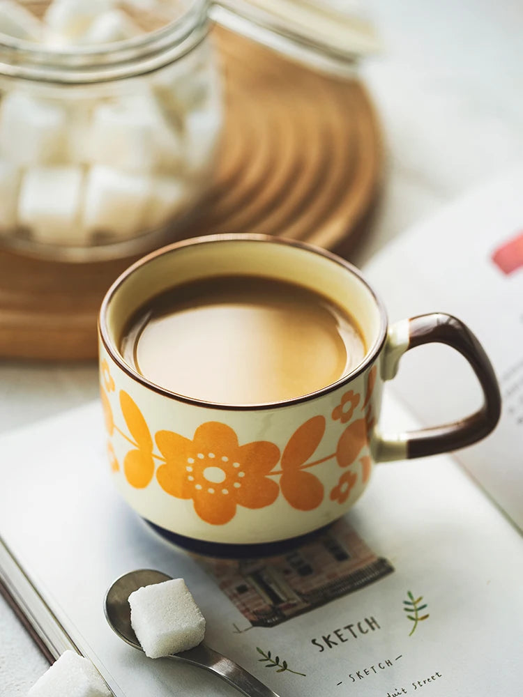 Set de tazas de cerámica retro japonesa con diseño floral de 300 ml | Vajilla elegante