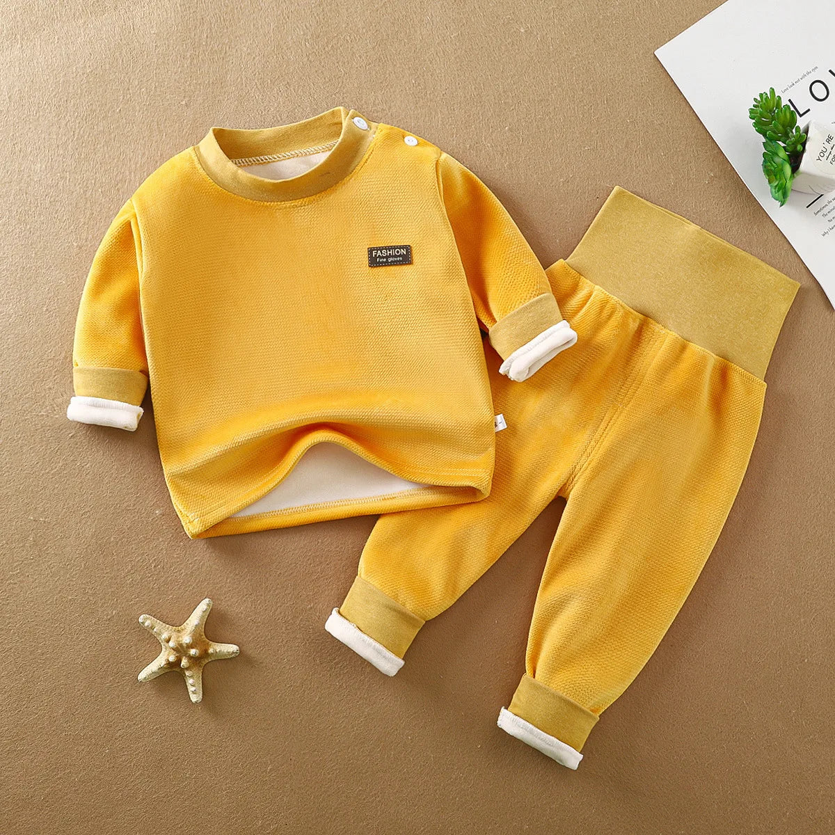 Unisex Kid's Fleece-Lined High Neck Top & Pants Set for Daily Wear