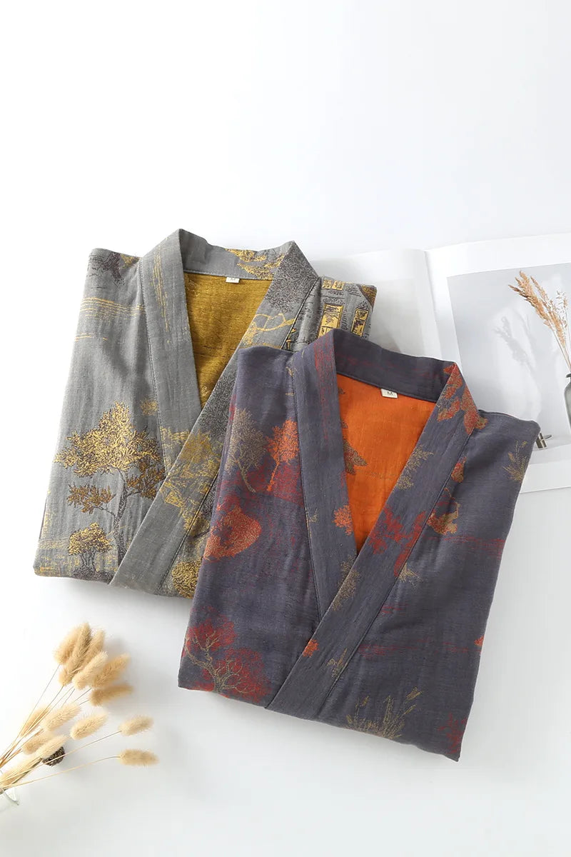 Roomwear Cotton Kimono Pajamas Men's Robes for Spring Jacquard Printed Home Clothing Medium Length Oversized Breathable Bathrobe