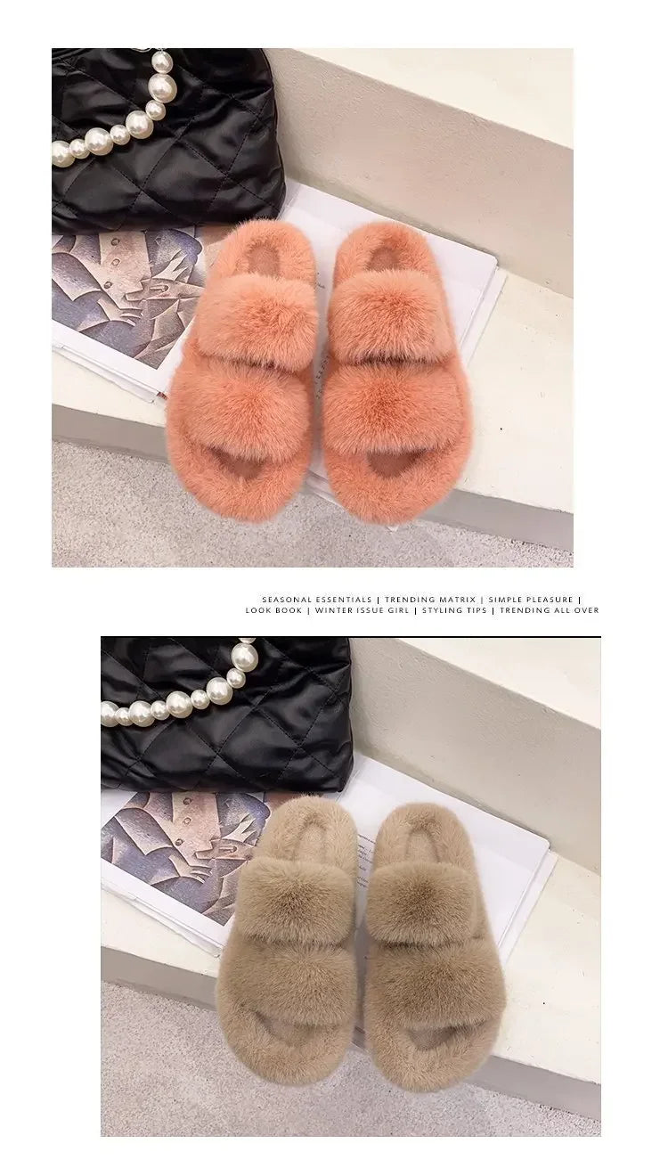 Cozy Double Fur Cross-Strap Plush Slippers | Warm Indoor Footwear