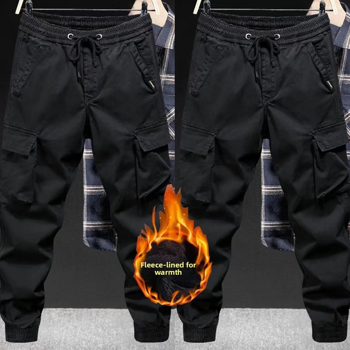 Men’s Autumn Winter Thickened Fleece Work Cargo Pants Loose Fit Wear Resistant Tear Proof Trousers with Multi Pockets