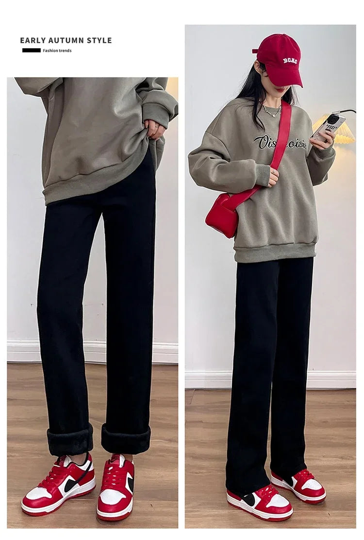 Women's Thickened Velvet Straight Jeans | Warm Fleece Pants