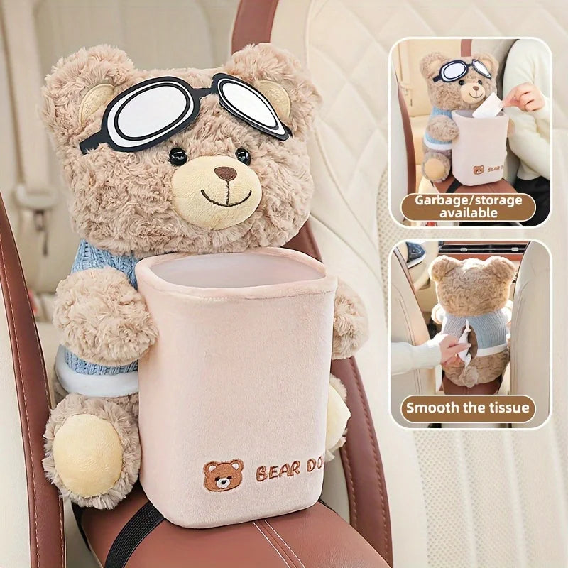 Adorable Teddy Bear Car Tissue Holder & Trash Can Organizer